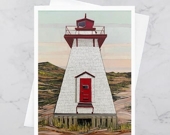 St. Peters Harbour Lighthouse Greeting Card 5x7, PEI Lighthouse, Paper collage art, Prince Edward Island, Andrea Crouse, Free Shipping