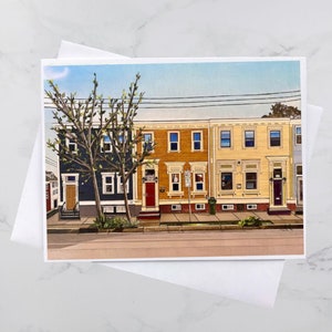 Carte de voeux Row Houses North End 5 x 7, maisons colorées Halifax, collage de papier, Nouvelle-Écosse, art maritime, Andrea Crouse, livraison gratuite