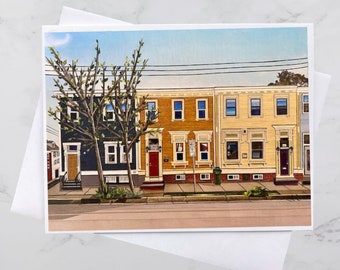 Row Houses North End Greeting Card 5x7, Colourful houses Halifax, Paper collage art, Nova Scotia, Maritime art, Andrea Crouse, Free Shipping