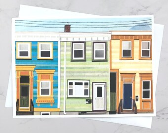 May Street Greeting Card 5x7, Colourful houses Halifax, Paper collage art, Nova Scotia, Maritime art, Andrea Crouse, Free Shipping