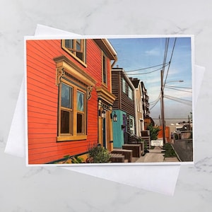 Carte de voeux Bilby Street 5 x 7, maisons colorées Halifax, collage de papier, Nouvelle-Écosse, art maritime, Andrea Crouse, livraison gratuite
