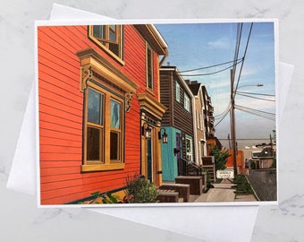 Bilby Street Greeting Card 5x7, Colourful houses Halifax, Paper collage art, Nova Scotia, Maritime art, Andrea Crouse, Free Shipping