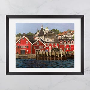 Impression Les couleurs de Lunenburg, Bâtiments rouges colorés, Rive-sud de la Nouvelle-Écosse, Collage sur papier, Impression de la Nouvelle-Écosse, Art maritime