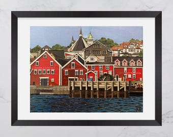 The Colours of Lunenburg Print, Colourful red buildings, South Shore Nova Scotia, Paper collage art, Nova Scotia  print, Maritime art