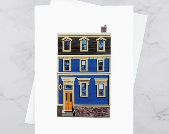 North Park Blue House Greeting Card 4.25x5.5, Colourful houses Halifax, Paper collage art, Nova Scotia, Maritime art, Andrea Crouse