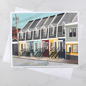 Carte de voeux Nora Bernard Street 5 x 7, maisons colorées Halifax, collage de papier, Nouvelle-Écosse, art maritime, Andrea Crouse, livraison gratuite