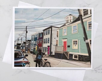 Saturday Morning Stroll on Falkland Street, Greeting Card 5x7, Colourful houses Halifax, Paper collage art, Nova Scotia, Andrea Crouse
