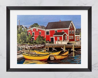 Where the Dories Sleep Print, Colourful red buildings, South Shore Nova Scotia, Paper collage art, Nova Scotia  print, yellow dories