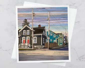 Falkland Corner, North End Halfax art card, Nova Scotia, paper collage art, Falkland Street Halifax art card, 5x5, Halifax streetscape art