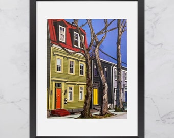Agricola Street Trees Print, Colourful houses Halifax, North End Halifax, Paper collage art, Nova Scotia  print, Maritime art, Home Decor