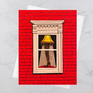 Lampadaire rouge carte de voeux de Noël 4,25 x 5,5, maisons colorées Halifax, art collage papier, Nouvelle-Écosse, art maritime, Andrea Crouse