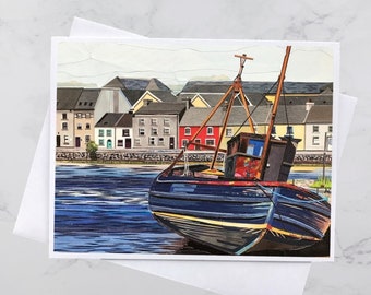 Claddagh Boat Collage Greeting Card 5x7, Colourful houses Ireland, Paper collage art, Nautical art, Andrea Crouse, Free Shipping