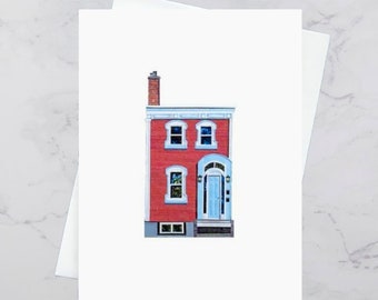 North Park Pink House Greeting Card 4.25x5.5, Colourful houses Halifax, Paper collage art, Nova Scotia, Maritime art, Andrea Crouse