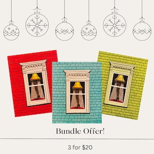Leg Lamp Christmas Card Trio, 4.25x5.5, Maisons colorées Halifax, Art du collage de papier, Nouvelle-Écosse, Art maritime, Andrea Crouse