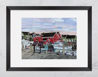 Lunenburg Print, Colourful red buildings, South Shore Nova Scotia, Paper collage art, Nova Scotia  print, Maritime art, Home Decor