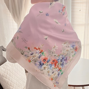 100% Maulbeerseide Schal Köper Blumenmuster handgerollter Saum 35 &quot;x 35&quot; quadratisch für alle Jahreszeiten Geschenk verpackt (Boho Meadow - Lavendel)