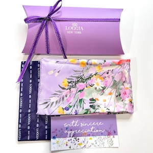 100% Mulberry Silk Scarf Twill Floral Pattern Hand-Rolled Hem 21&quot;x21&quot; Square for All Season Gift Packed (Wild Flower Bunch - Lavender)
