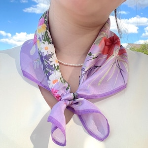 100% Mulberry Silk Scarf Chiffon Lightweight Floral Pattern 21&quot;x21&quot; Square for Summer Gift Packed (Wild Flower Bunch - Lavender)