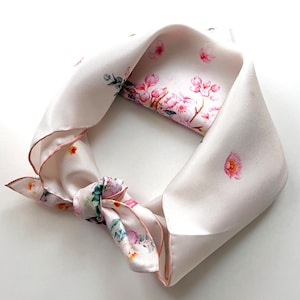 100% Mulberry Silk Scarf Twill Floral Pattern Hand-Rolled Hem 21&quot;x21&quot; Square for All Season Gift Packed (Peony and Spring - Ivory)