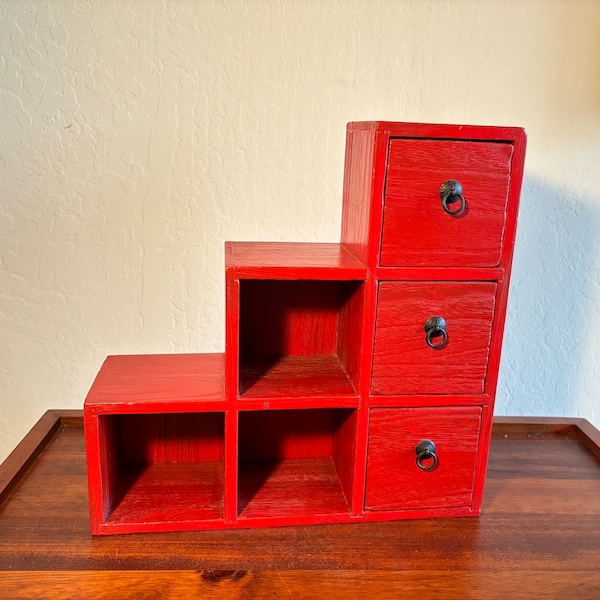 Japanese Tansu Red Mini Step Chest, Kiri Wood Cabinet, Apothecary Tea Holder, Kaidan Tansu