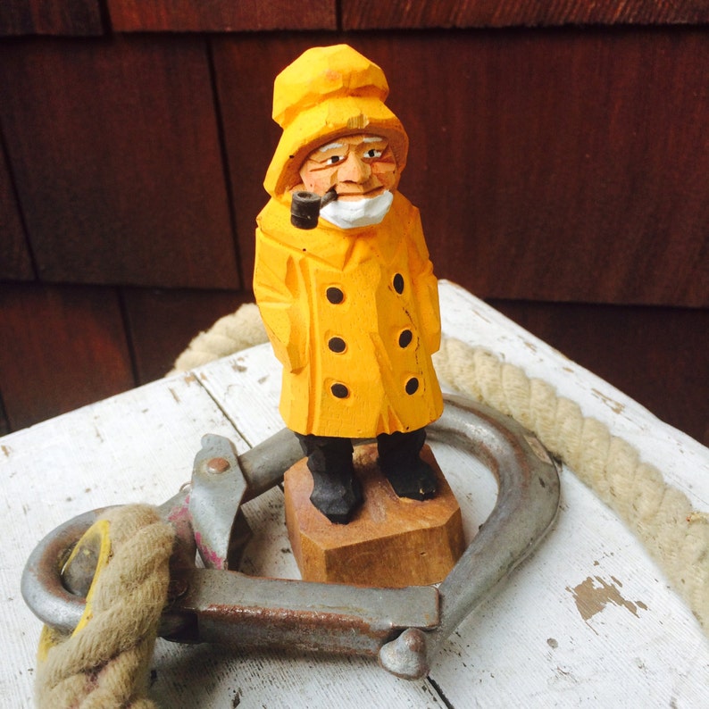 Yellow Fisherman Wood Carved Sea Captain with Pipe Nautical Etsy
