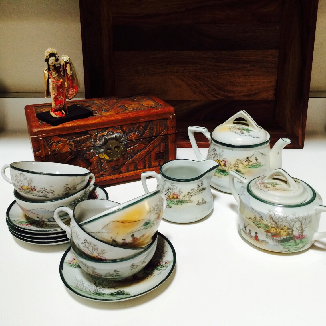 Japan Geisha Girl Lithophane Tea Set Hand Painted Porcelain Etsy