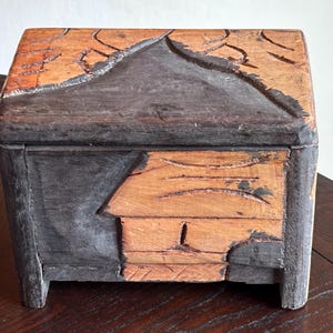Unique Bohemian Wood Box with Hinged Lid, Vintage Trinket Storage Box, Hand Carved Wooden Decorative Box and Miniature Monkey
