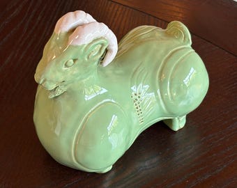 Handmade Ceramic Chinese Ram Figurine – Artist Signed Green Glazed Sculpture – 6" Long Animal Art