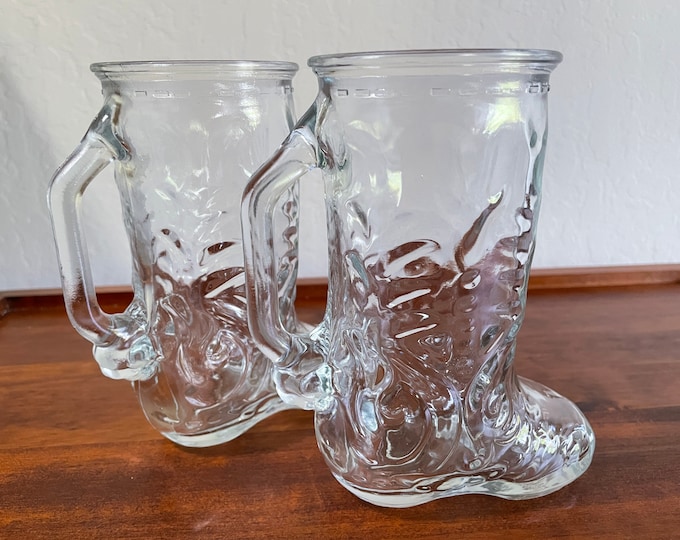 Large Glass Boot Mug, Libbey Cowboy Beer Clear Glass, Spur Handle