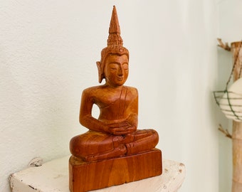 Thai Indian Praying Namaskara Buddha Statue 30cm Wooden Hand Carved Figure