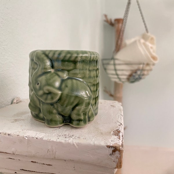 Majolica Ceramic Elephant Planter Vase Figural Pottery Vintage Glazed Pottery, Small Bamboo Pot with Trunk Up Elephant