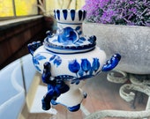 Russian Gzhel Cobalt Blue and White Porcelain Coffee Urn Replica, Samovar