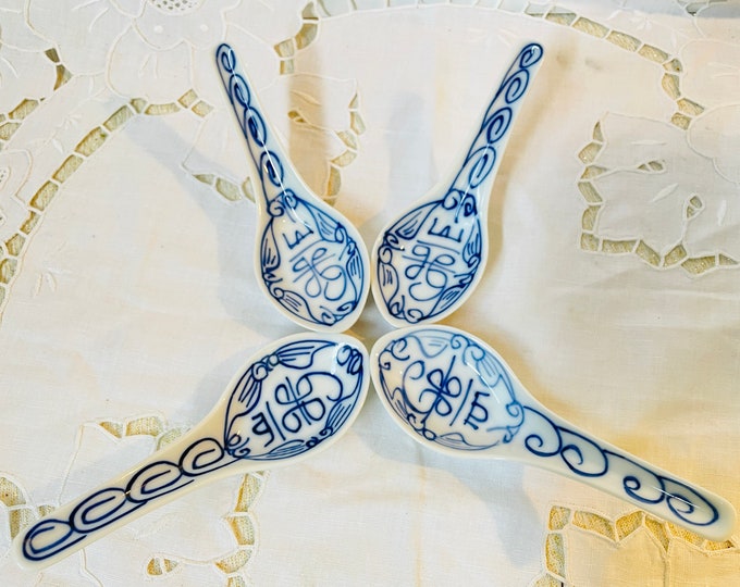 Canton Express Double Happiness Porcelain Spoons Set of 4 Blue and