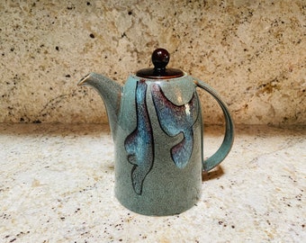 Pier 1 “Tranquil” Stoneware Coffee Pot – 8.25” Teal Drip-Glaze Lidded Server
