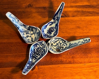Antique Chinese Qing Porcelain Spoons, Set of 4 Cobalt Blue & White Early Pottery Symbols and Floral Designs