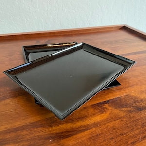 Japan Lacquer Black Tray, Takahashi Small Canape Serving, Set of 2 New Old Stock