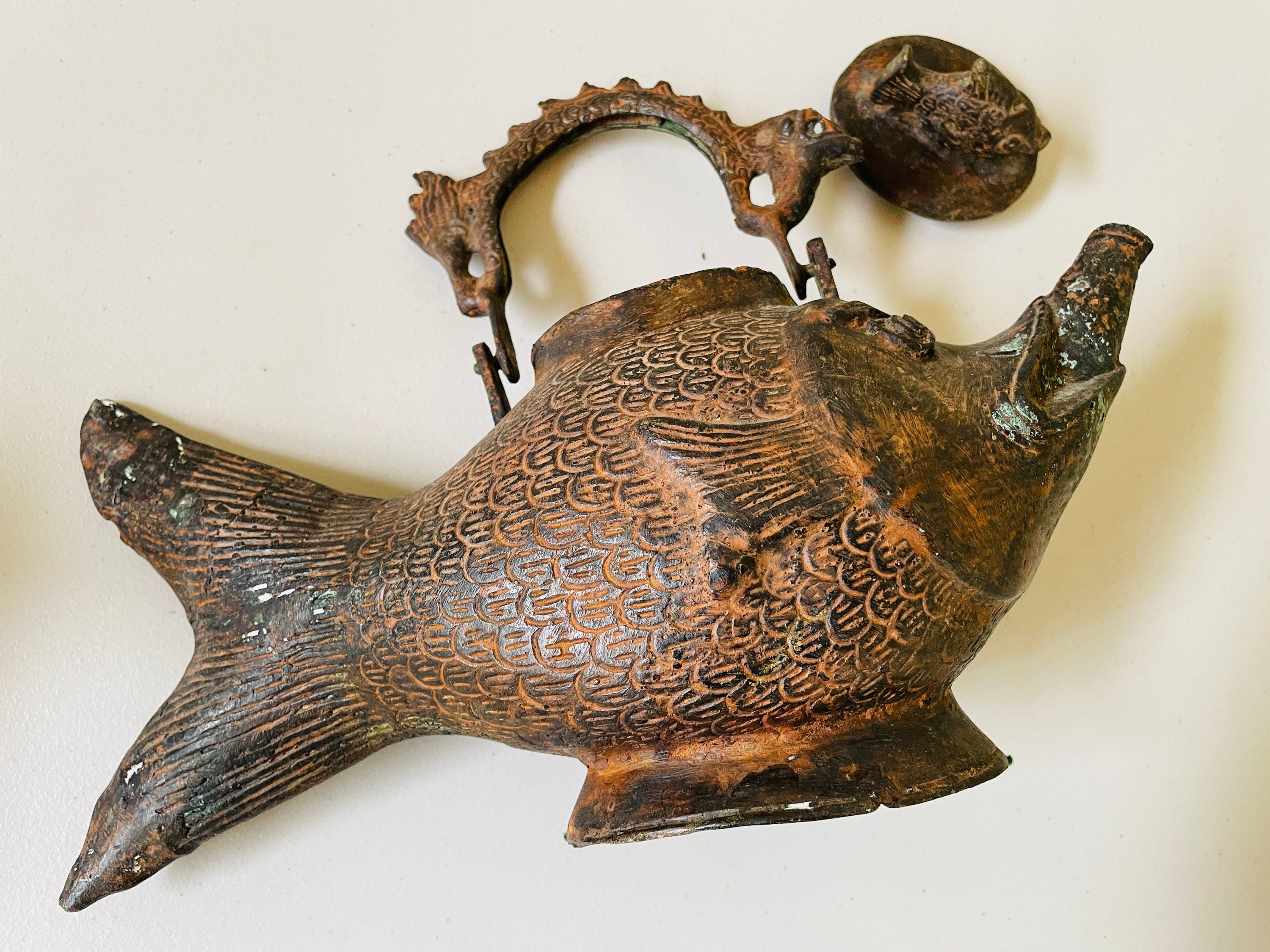 Bronze Fish Teapot Figural Shaped Primitive Metal, Dragon Handled, Ceremonial Japanese Chinese Detailed Rustic Decor - Etsy Bronze Fish Teapot Figural Shaped Primitive Metal, Dragon Handled, Ceremonial Japanese Chinese Detailed Rustic Decor - Etsy