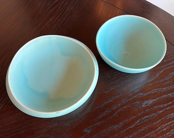 Vintage Aqua Tea Bowl Pair Made in Japan Satin Glaze Mid Century