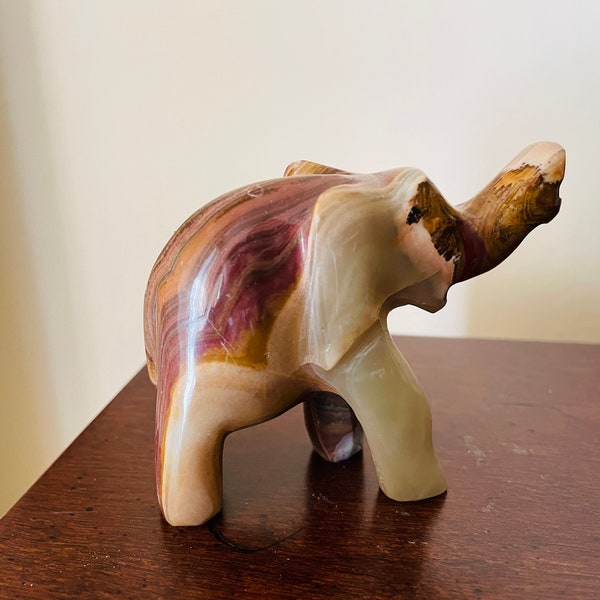 Marble Onyx Elephant Figurine, Small Natural Carved Stone Animal, Trunk Up Elephant