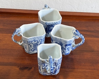 Set of 4 Blue & White Dragon Tea Cups – Chinese Porcelain Salamander Handles