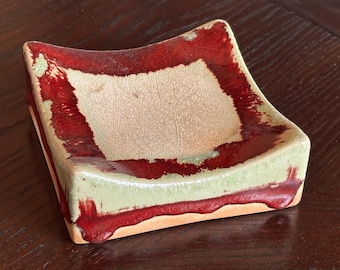 Rustic Red Green Ceramic Candle Riser Base 4.5" Square Boho Chic
