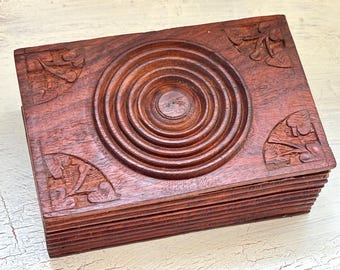 Vintage Indian Carved Wood Box Blue Felt Lined Jewelry Trinket Storage