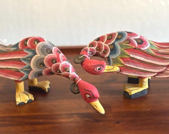 Vintage Carved and Painted Wooden Duck Statues with Colorful Feathers, Indonesia Folk Art
