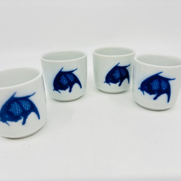 Chinese Koi Sake Cup, Blue and White Pottery, Fish Carp Small Tea Cups, Set of 4 Soy Sauce Condiment Serving