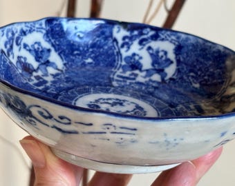 Antique Cobalt Blue Porcelain Bowl, Japanese Floral Imari Dish, Meiji Era Decor