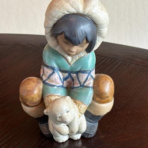 Vintage Lladro Figurine, Inuit Boy with Polar Bear, Gres Finish #2232