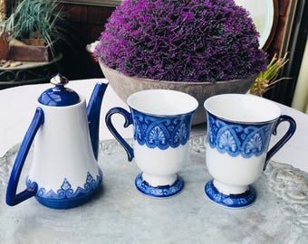 Cobalt Blue Teapot, Bombay China, Blue White Cups, Single Serve Pot