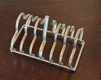 Vintage Aluminum Toast Rack • 6-Slot Silver Metal Server • Midcentury Table Decor