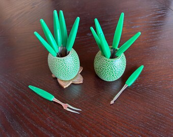 Vintage Japan Green Cocktail Picks Mid Century Appetizer Holder Pair