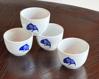 Chinese Koi Tea Cups, Set of 4 Blue and White Pottery,  Asian Fish Carp by WH Durable Chinawart